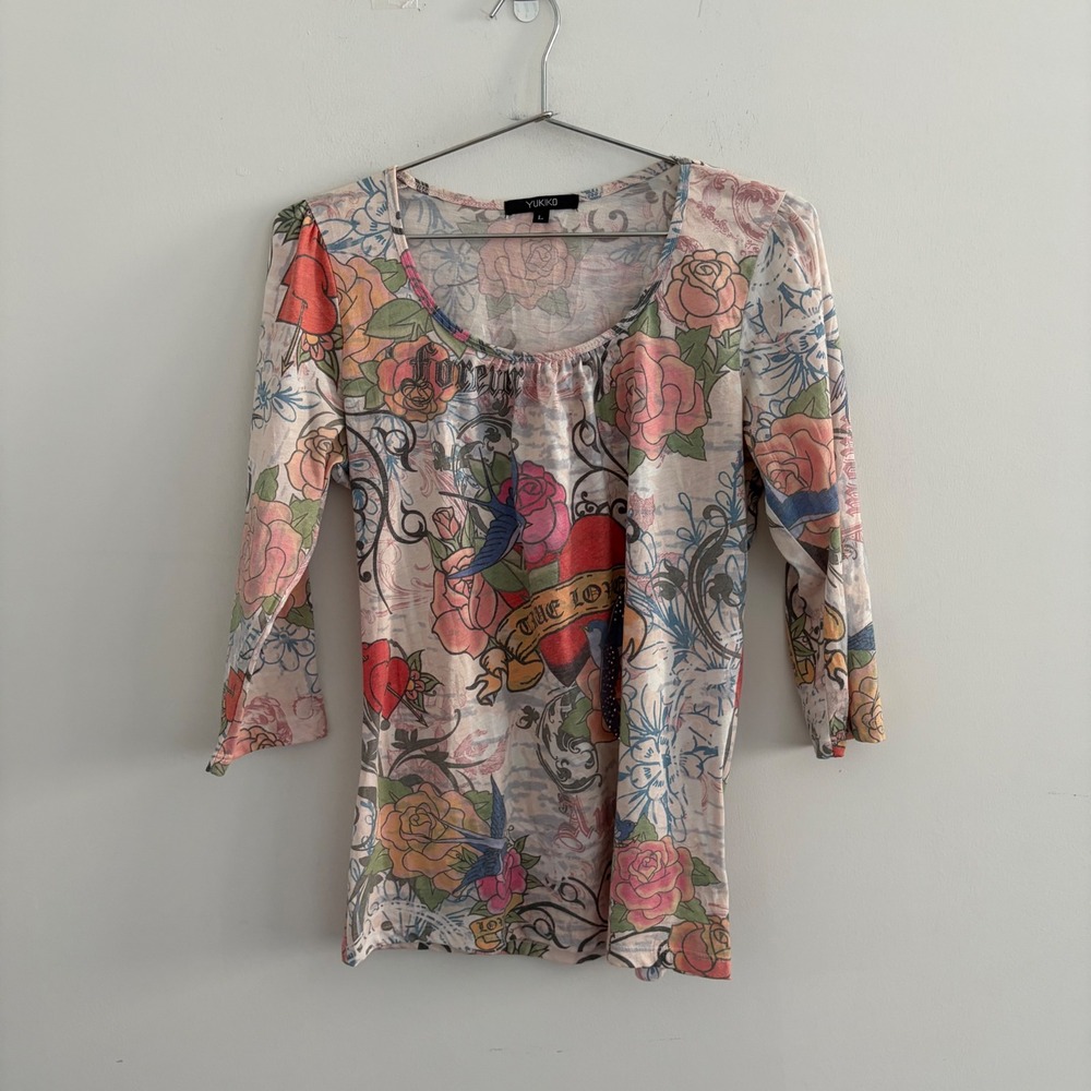 Yukiko Women Tattoo Print 3/4 Sleeve Floral Graphic Top Large